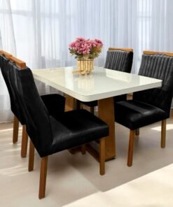 Mesa Sintonia (Tampo Maxi) 120 Amêndoa Clean/Off White com 4 Cadeiras Gênova Veludo Preto