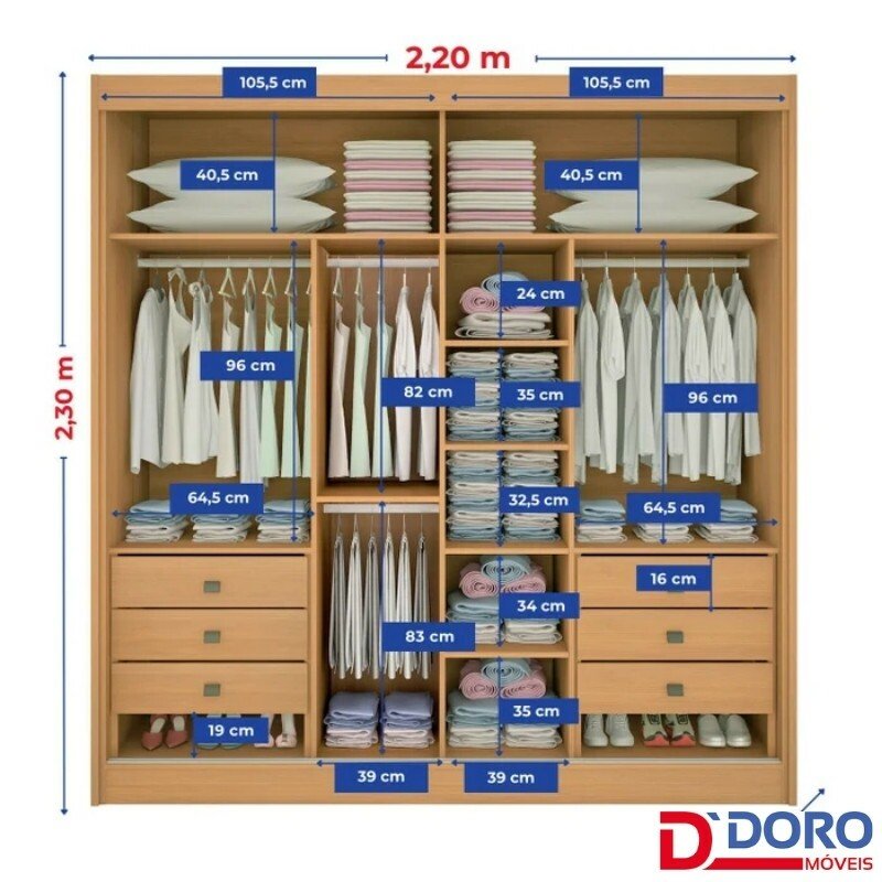 Guarda-roupa Casal 2,20m Titanium Cinamomo/Off Ripado 2 Portas 6 Gavetas 100% MDF - D Doro - Imagem 8