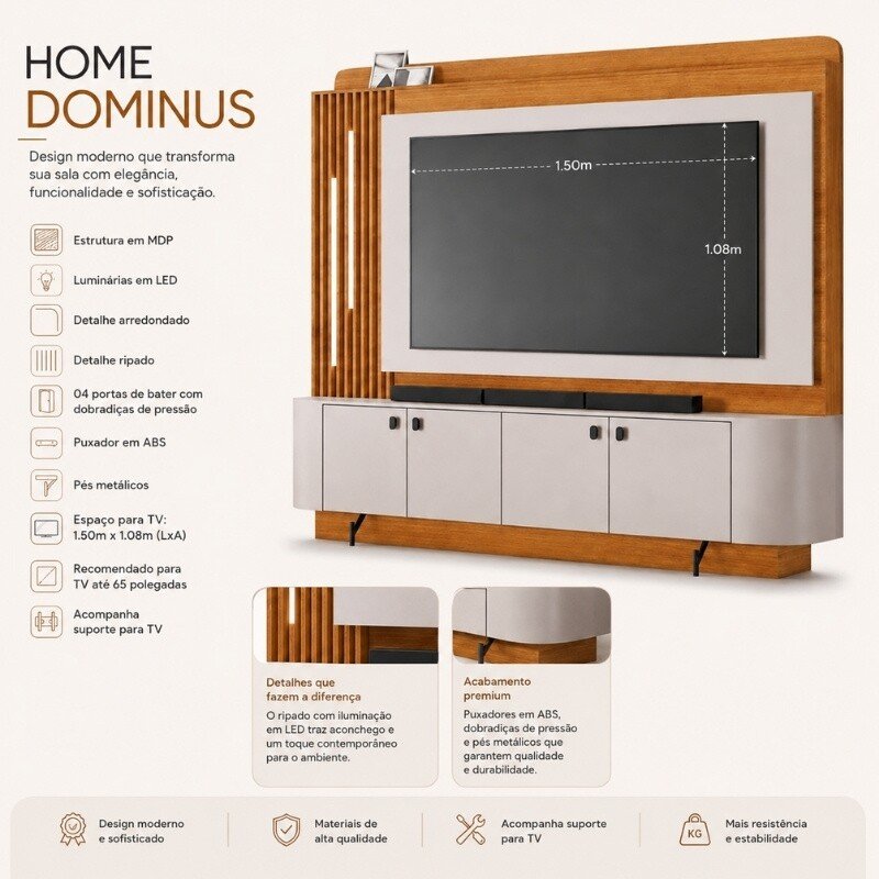 Home 1,82m Dominus Candian Cinamomo/Off White com Detalhe Ripado e LED para TV até 65" - JCM - Imagem 8