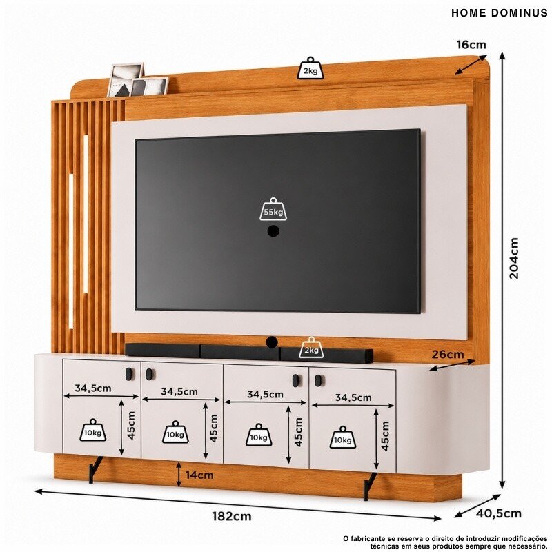 Home 1,82m Dominus Candian Cinamomo/Off White com Detalhe Ripado e LED para TV até 65" - JCM - Imagem 4