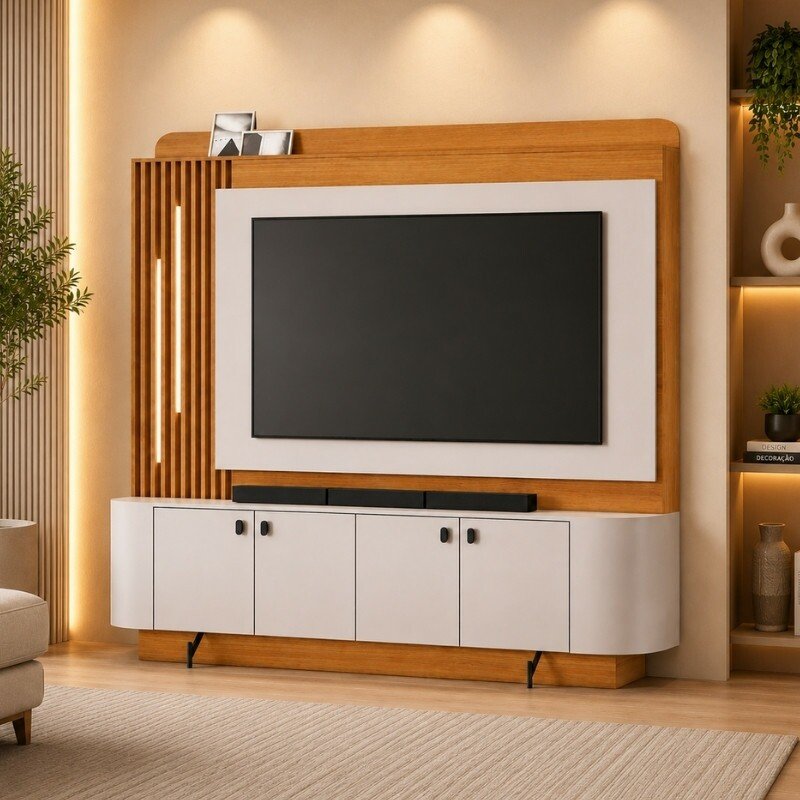 Home 1,82m Dominus Candian Cinamomo/Off White com Detalhe Ripado e LED para TV até 65" - JCM - Imagem 3