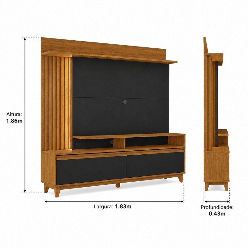 Home 1,83m NT 1400 Freijó/Preto com Detalhe Ripado e LED para TV até 60" - Notável - Imagem 7