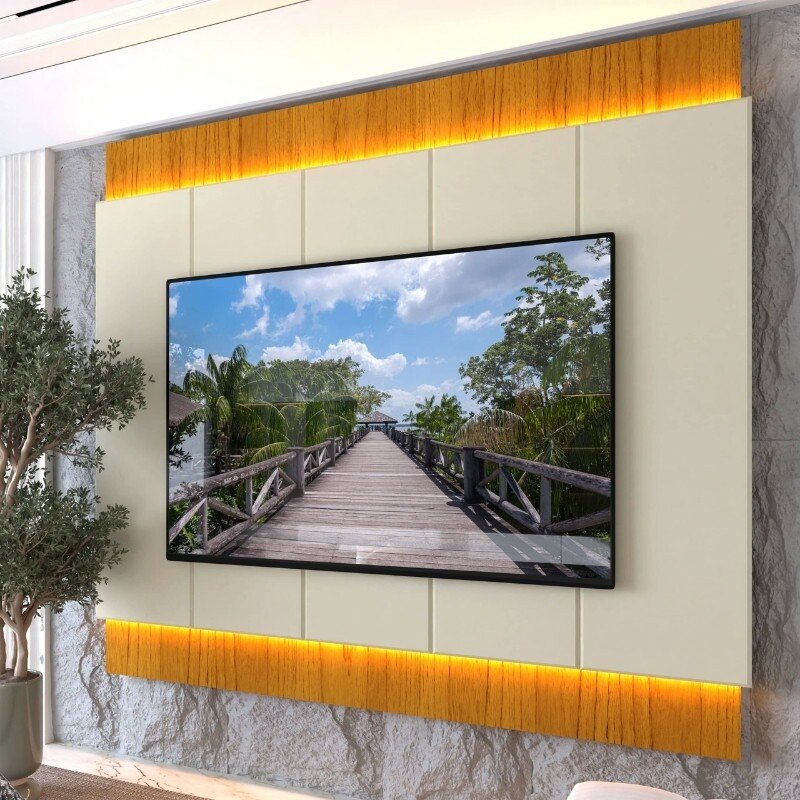 Painel 2,18m Magnífico 220 Nature/Off com LED e Detalhe Ripado para TV até 85" - Gelius