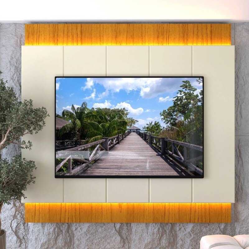 Painel 2,18m Magnífico 220 Nature/Off com LED e Detalhe Ripado para TV até 85" - Gelius - Imagem 2