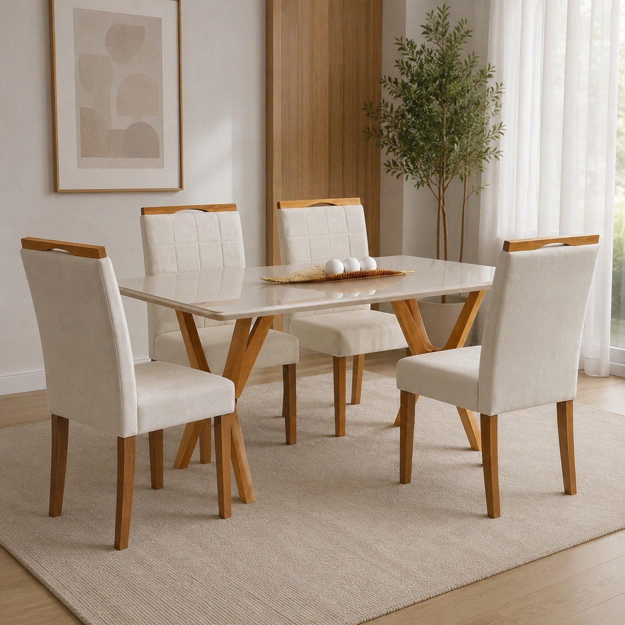 Mesa Essência 120 (C/Vidro) Cinamomo/Off White com 4 Cadeiras Las Vegas Veludo Bege 01 – JCM MOVELARIA + OURO DECOR