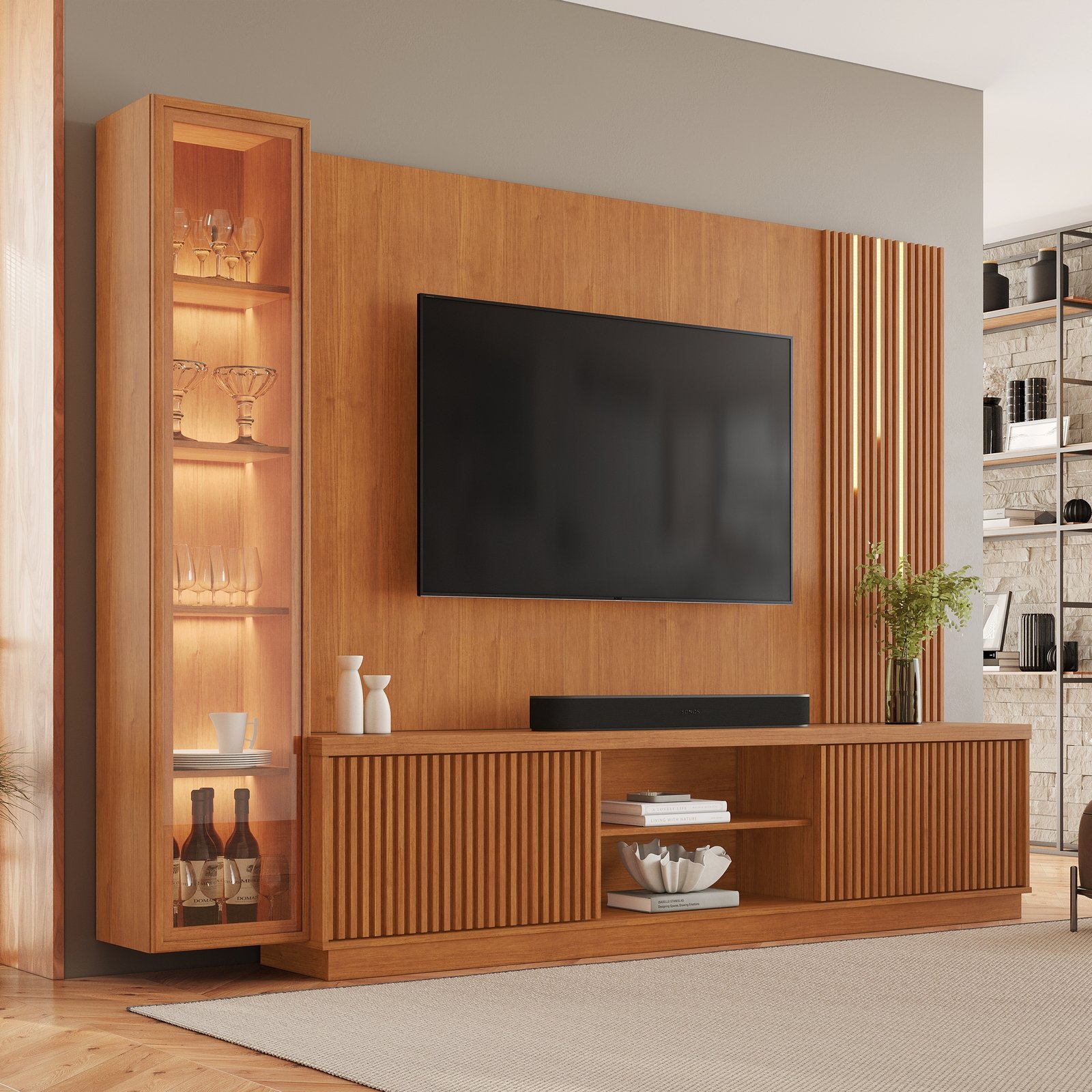 Home Theater até 75″ Arezzo New (C/LED Cascata) + Módulo Cristaleira Dominus Naturale – MAVAULAR