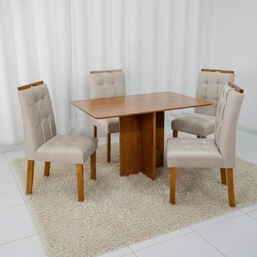Mesa Salinas 120 (Tampo Londres s/ vidro) Cinamomo com 4 Cadeiras Sophia Veludo Bege – CEL MÓVEIS + WM DECOR