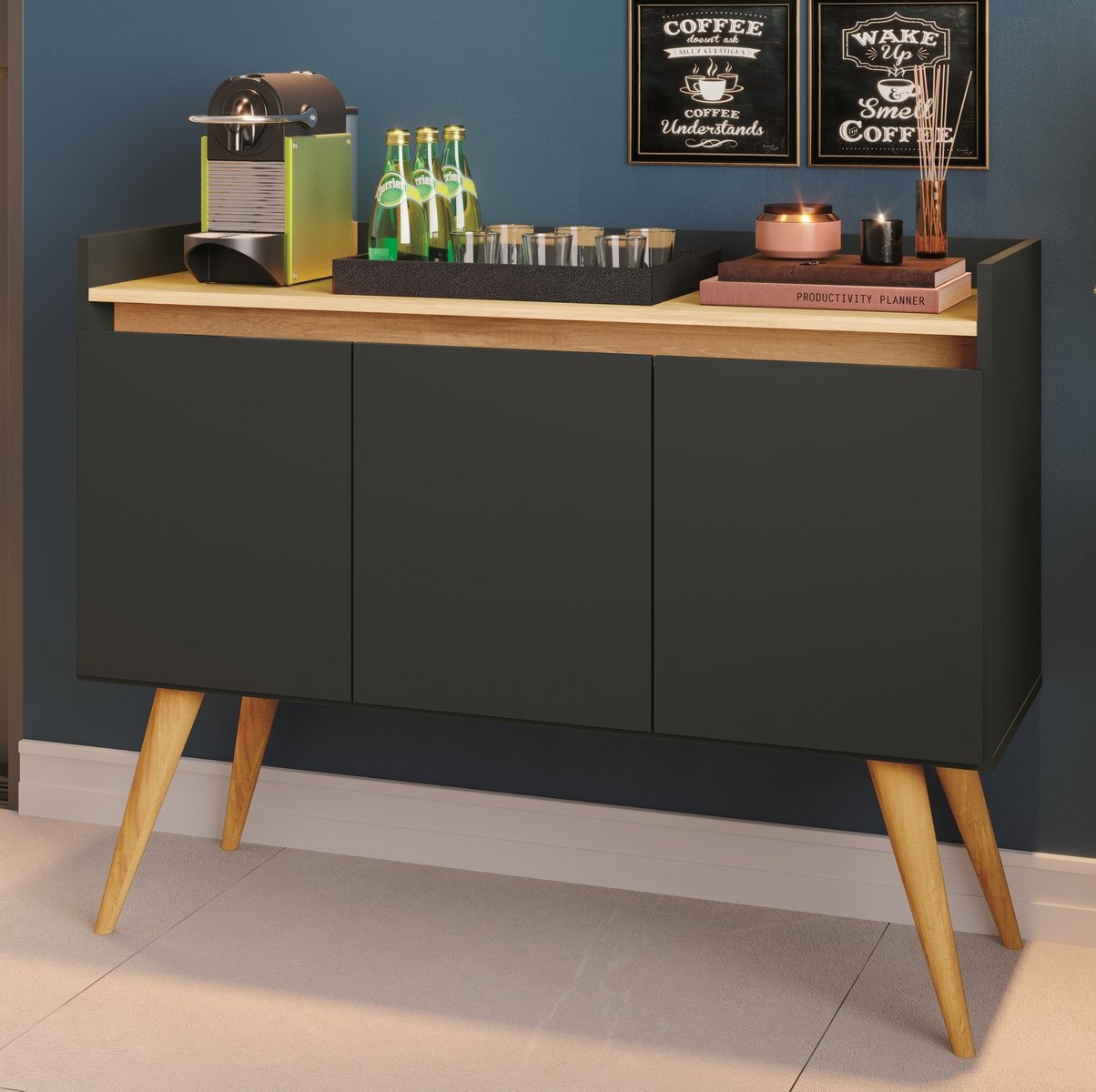 Buffet 3 Portas Gold Preto/Mel - MOVEIS PRIMUS