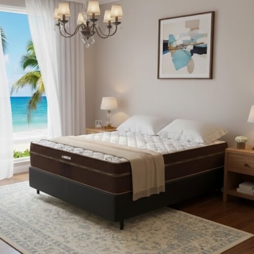 Colchão Casal Lisboa 24 cm D28 Molas Ensacadas + Base Simples Corino Preto – ECOTEC + BIOSTAR