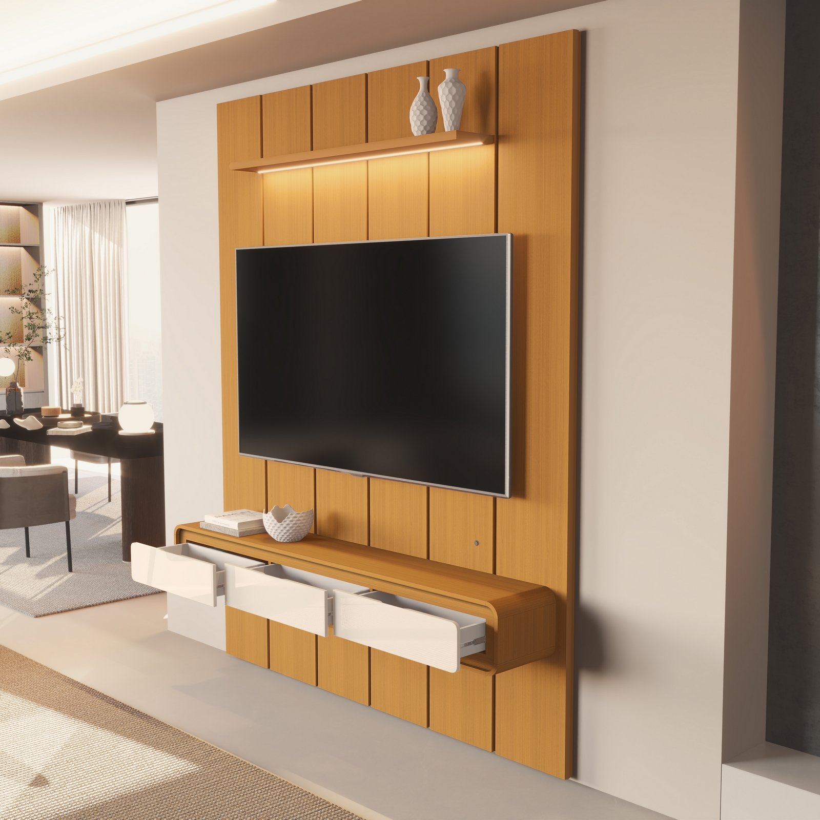 Painel até 75″ Lumi 1,88 m Cedro + Nicho Liv 1,80 Cedro/Off White – EDN MÓVEIS - Imagem 2