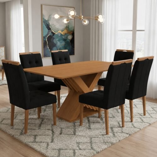 Mesa Graviola BA29 160 (S/Vidro) Canela com 6 Cadeiras Sophia Veludo Preto – KAPPESBERG + WM DECOR