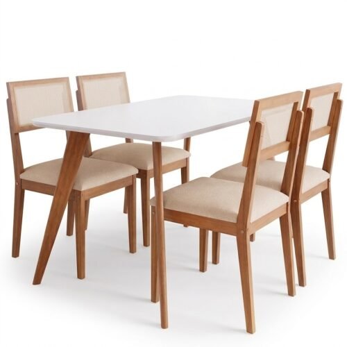 Alternative view of Mesa Acerola 130 (C/Vidro) Madeira/Off White com 4 Cadeiras Encanto Linho Bege – CIMOL