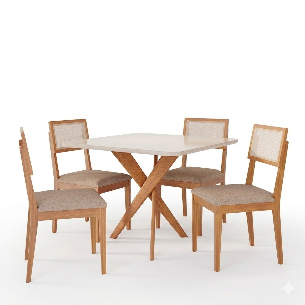 Mesa Cacau 95 (C/Vidro) Madeira/Off White com 4 Cadeiras Encanto Linho Bege – CIMOL - Imagem 2