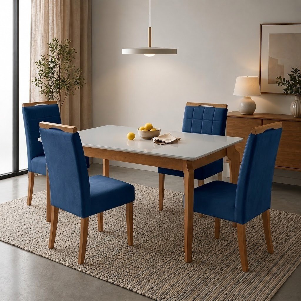 Mesa Atos 120 (Tampo 18 mm) Mel/Off White com 4 Cadeiras Las Vegas Veludo Azul 24 – VIEIRA DECOR + OURO DECOR