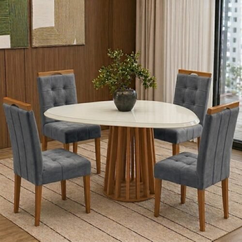 Mesa Lavanda BA45 135 Canela/Off White com 4 Cadeiras Sophia Veludo Cinza Grafite 102 - KAPPESBERG + WM DECOR