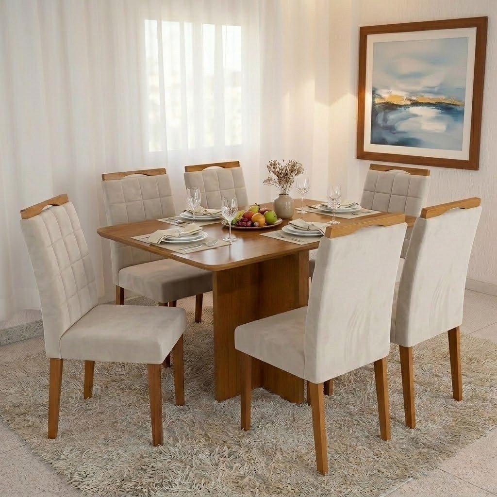 Mesa Salinas 160 (Tampo Londres s/ vidro) Cinamomo com 6 Cadeiras Las Vegas Veludo Bege 01 – CEL MÓVEIS + OURO DECOR