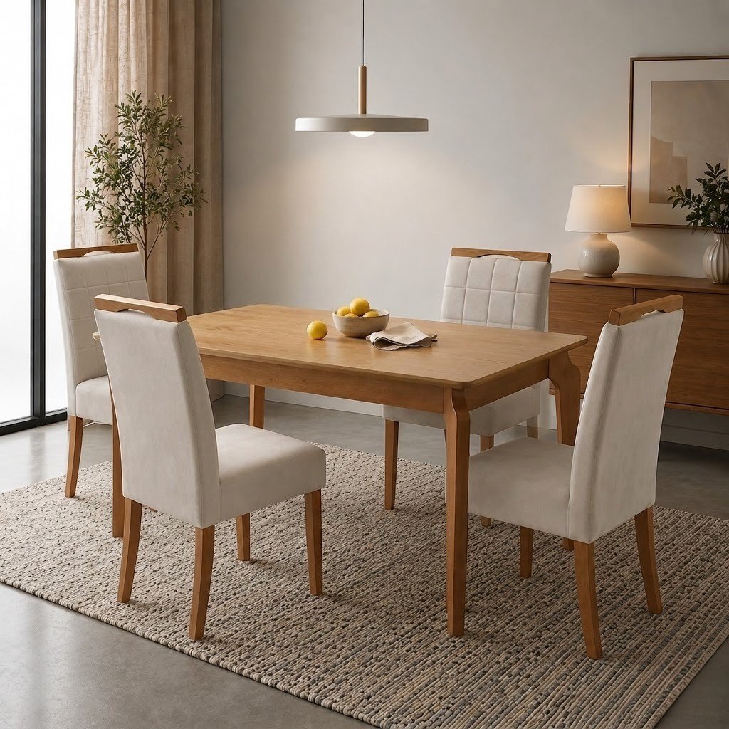 Mesa Atos 120 (Tampo 16 mm) Laminada Mel com 4 Cadeiras Las Vegas Veludo Bege 01 – VIEIRA DECOR + OURO DECOR