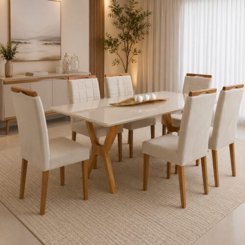 Mesa Essência 180 (C/Vidro) Cinamomo/Off White com 6 Cadeiras Las Vegas Veludo Bege 01 – JCM MOVELARIA + OURO DECOR