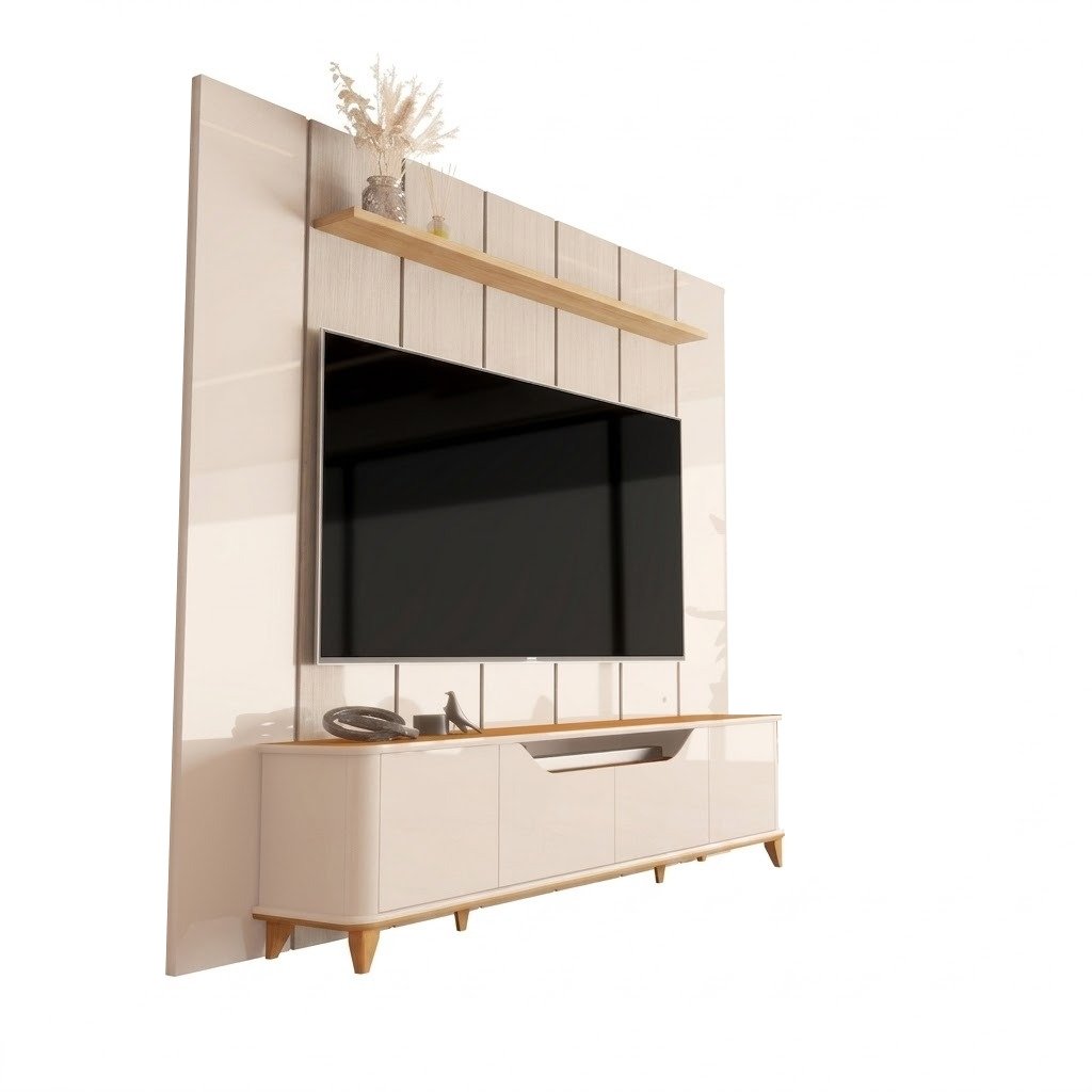 Painel até 75″ Lumi 2.19 Off White + Rack Aron Off White/Cedro – EDN MÓVEIS - Imagem 4