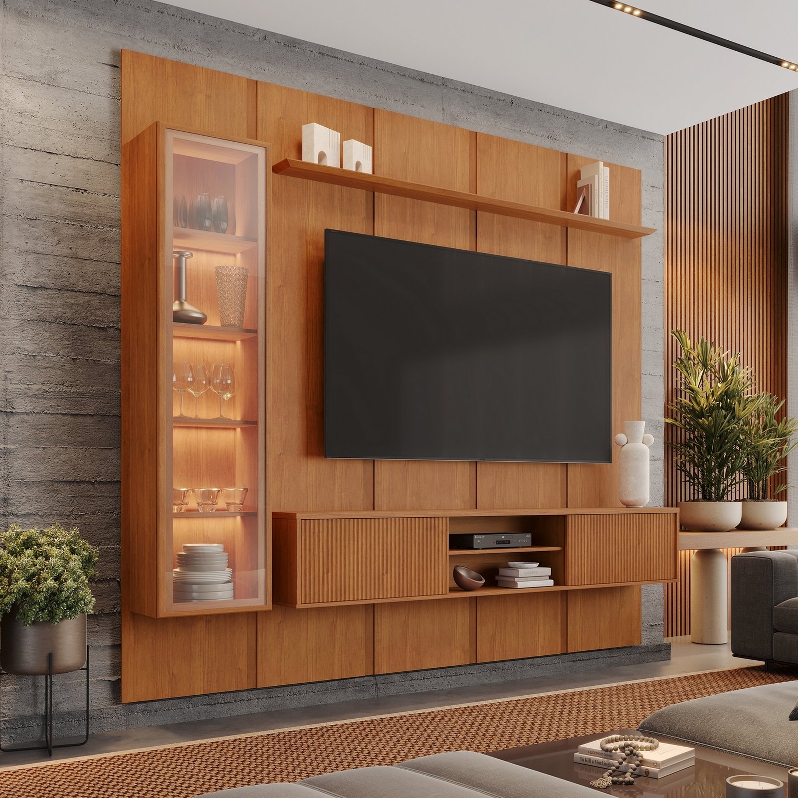 Painel até 75″ Dominus 2,32 m Naturale + Rack Suspenso Dominus Naturale + Cristaleira Dominus Naturale – MAVAULAR
