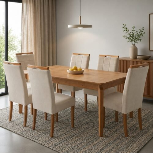 Mesa Atos 180 (Tampo 26 mm) Laminada Mel com 6 Cadeiras Las Vegas Veludo Bege 01 – VIEIRA DECOR + OURO DECOR