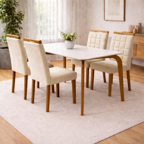 Mesa Capri 120 (C/Vidro) Cinamomo/Off White com 4 Cadeiras Las Vegas Veludo Bege 01 – MÓVEIS VALVERDE + OURO DECOR