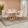 Mesa Sintonia (Tampo Maxi) 170 Amêndoa Clean/Off White com 6 Cadeiras Rayla Linho Bege – LOPAS