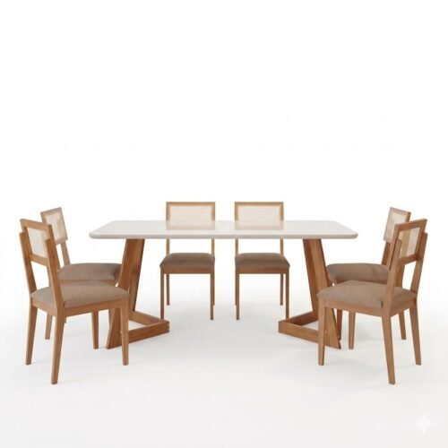 Alternative view of Mesa Caju 180 (C/Vidro) Madeira/Off White com 6 Cadeiras Palmas Linho Bege – CIMOL