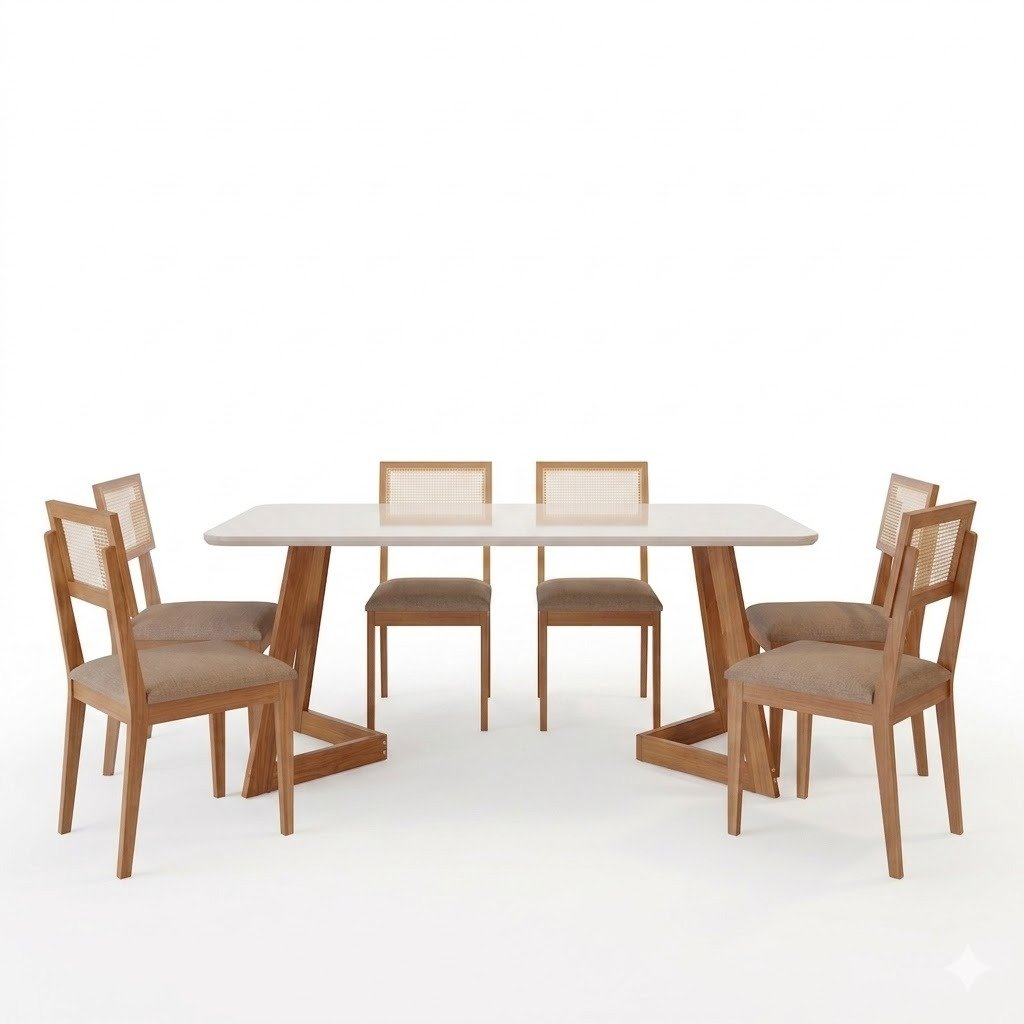 Mesa Caju 180 (C/Vidro) Madeira/Off White com 6 Cadeiras Palmas Linho Bege – CIMOL - Imagem 2