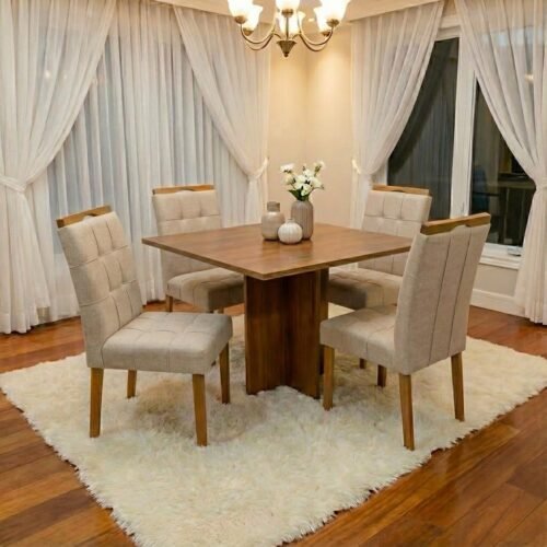 Mesa Salinas 100 (Tampo Dakota s/ vidro) Cinamomo com 4 Cadeiras Sophia Linho Bege 200 – CEL MÓVEIS + WM DECOR