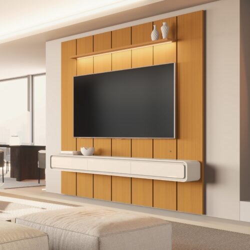 Painel até 75″ Lumi 2,19 m Cedro + Nicho Liv 2,18 m Off White – EDN MÓVEIS