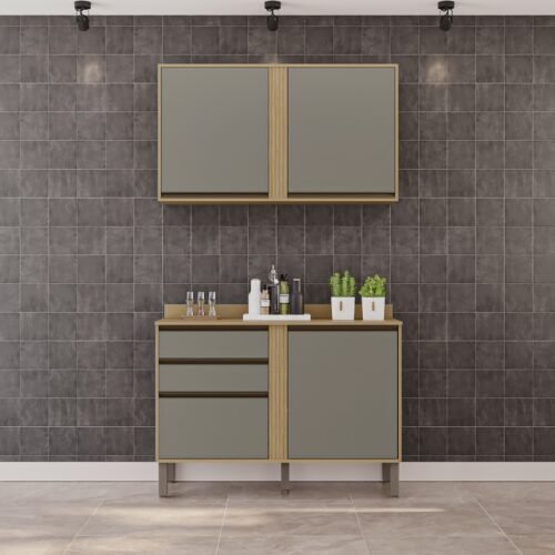 Armário Aéreo 2 Portas + Balcão Pérola 1,20 m Jequitibá/Granizo – SALLÊTO