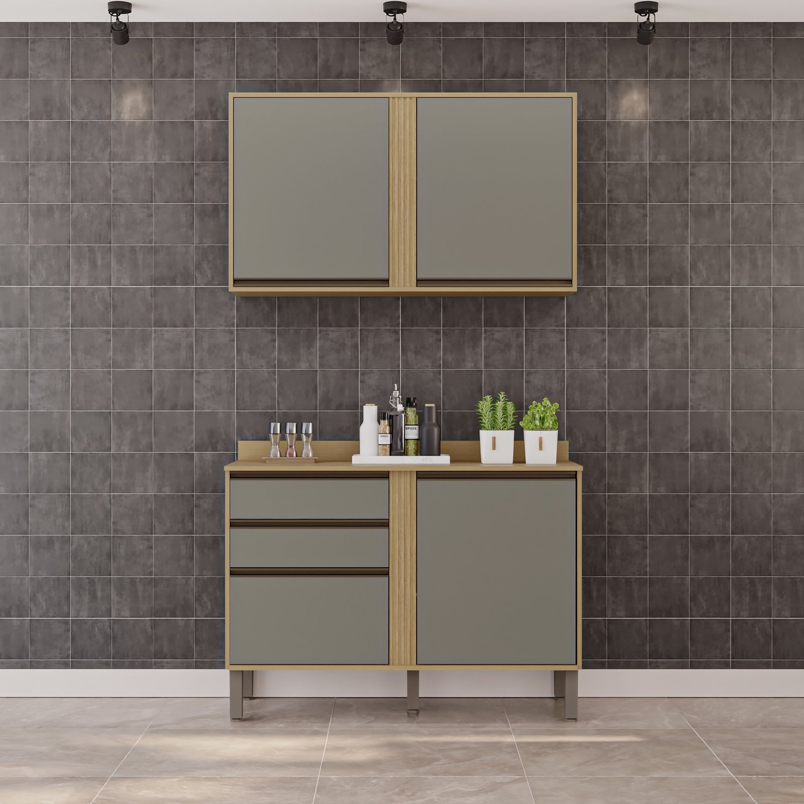 Armário Aéreo 2 Portas + Balcão Pérola 1,20 m Jequitibá/Granizo – SALLÊTO