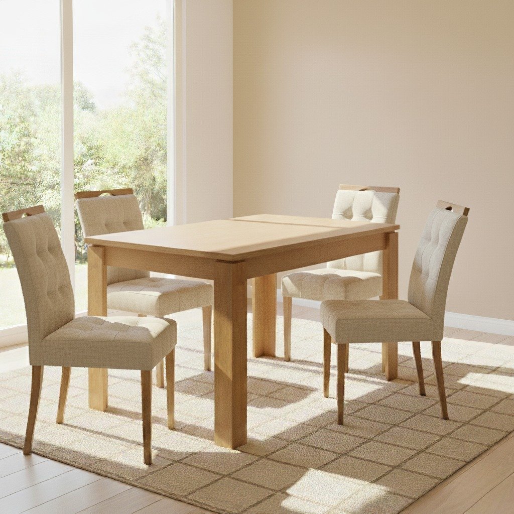 Mesa Athenas 120 Amêndoa Clean com 4 Cadeiras Sophia Linho Bege 200 – LOPAS + WM DECOR