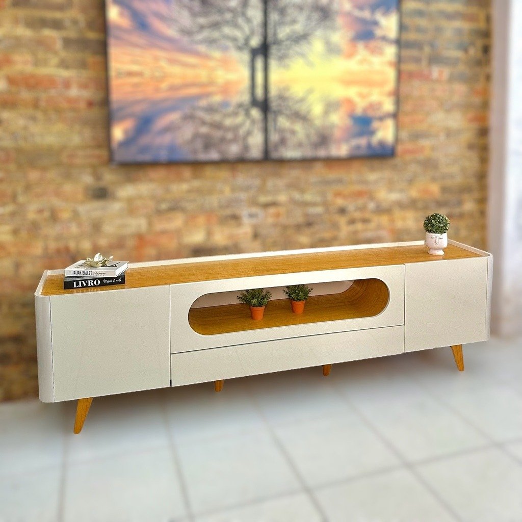 Rack Nobre 210 (Pes de Madeira) Off White/Naturale - GELIUS - Imagem 2