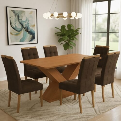 Mesa Amora BA35 160 (S/Vidro) Canela com 6 Cadeiras Sophia Veludo Marrom – KAPPESBERG + WM DECOR