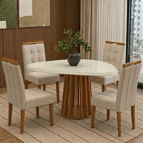 Mesa Lavanda BA45 135 Canela/Off White com 4 Cadeiras Sophia Linho Bege 200 - KAPPESBERG + WM DECOR