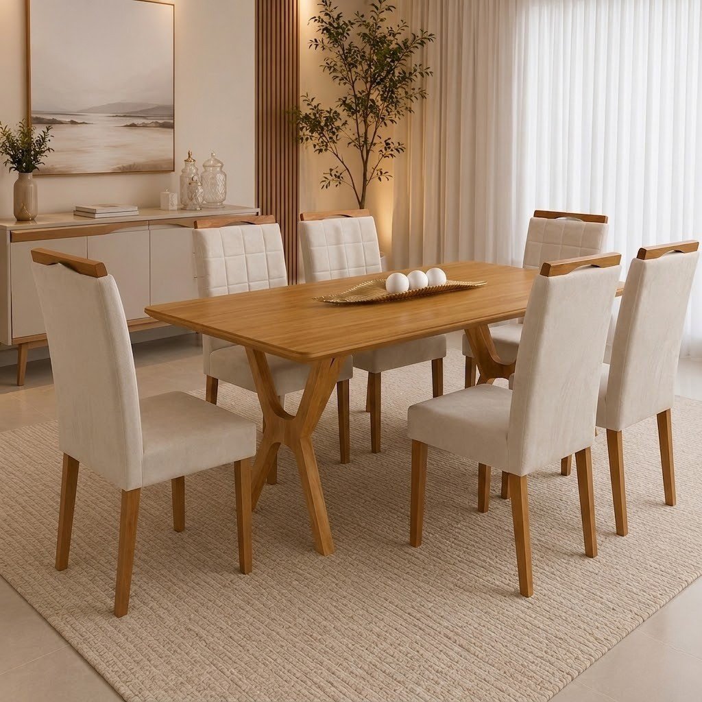Mesa Essência 180 (S/Vidro) Cinamomo com 6 Cadeiras Las Vegas Veludo Bege 01 – JCM MOVELARIA + OURO DECOR