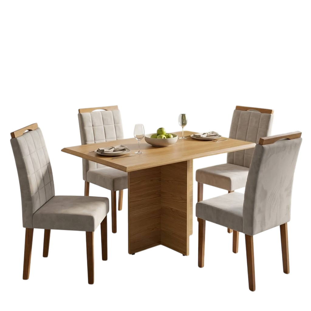 Mesa Pérola 120 Imbuia Mel (Tampo Viena s/vidro) com 4 Cadeiras Las Vegas Veludo Bege 01 – CARVALHO DECOR + OURO DECOR - Imagem 2