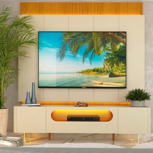 Alternative view of Painel até 85″ Magnífico Naturale/Off White + Rack Nobre 210 (Pés de vidro) Off White/Naturale – GELIUS