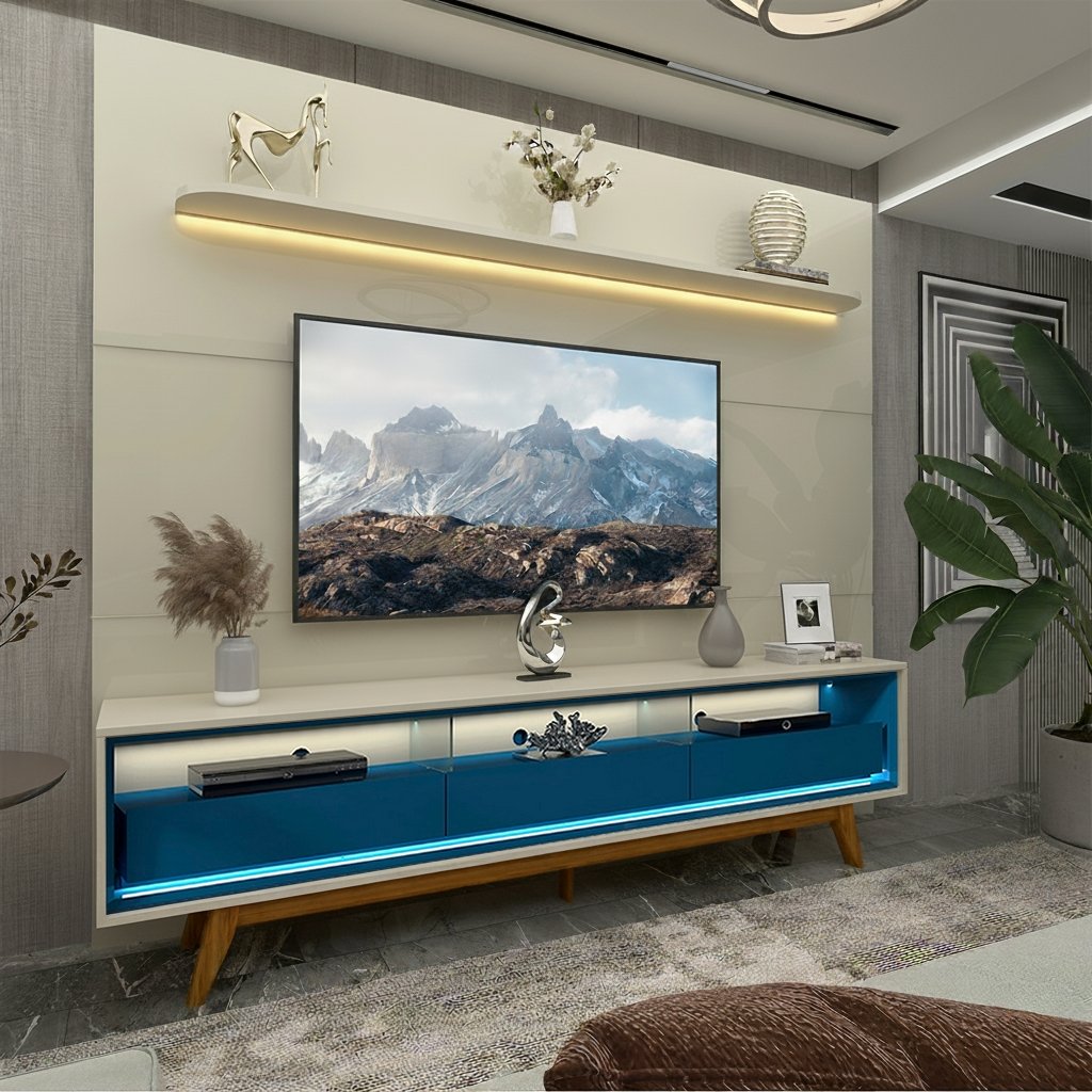 Painel até 85″ Royal 220 Off White + Rack Requinte 212 Off White /Azul – GELIUS