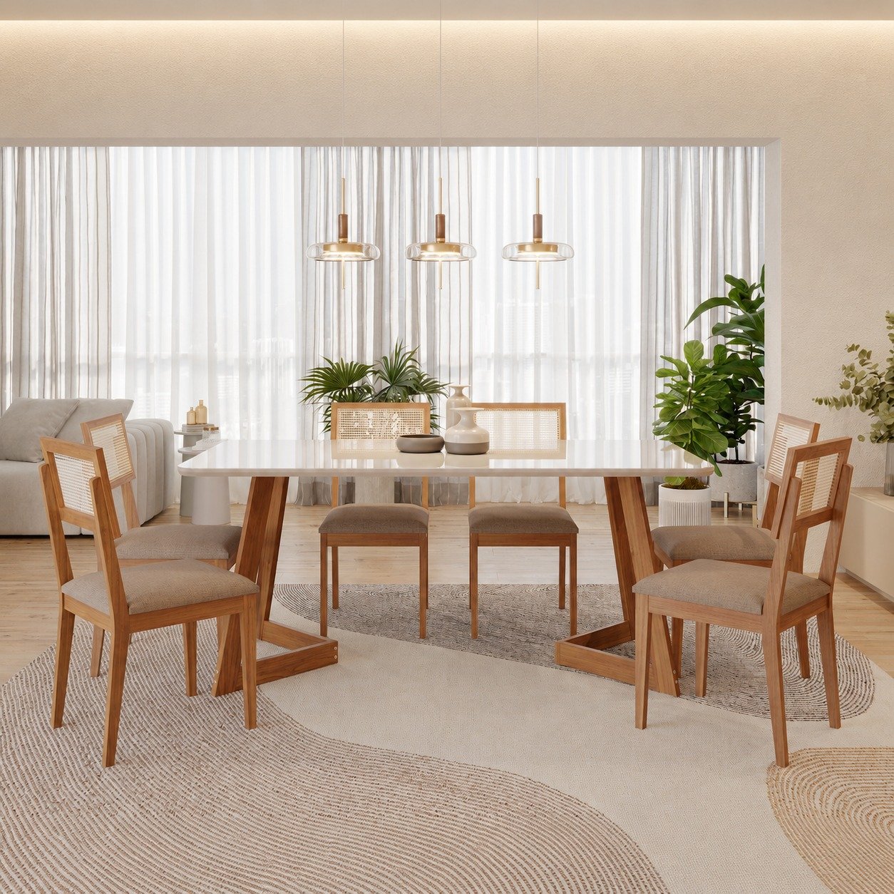 Mesa Caju 180 (C/Vidro) Madeira/Off White com 6 Cadeiras Palmas Linho Bege – CIMOL