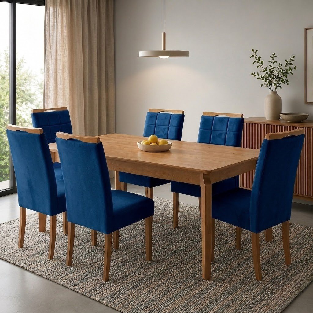 Mesa Atos 180 (Tampo 26 mm) Laminada Mel com 6 Cadeiras Las Vegas Veludo Azul 24 – VIEIRA DECOR + OURO DECOR