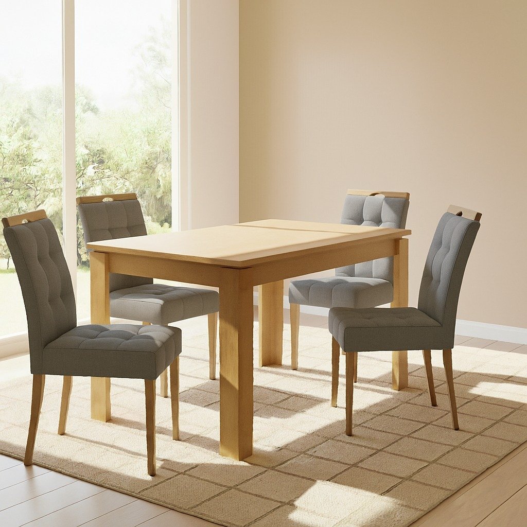 Mesa Athenas 120 Amêndoa Clean com 4 Cadeiras Sophia Linho Cinza Grafite 206 – LOPAS + WM DECOR