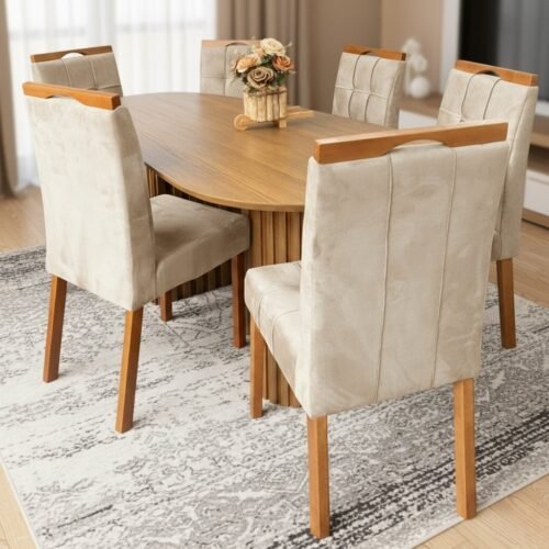 Mesa Isis 180 Freijó com 6 Cadeiras Sophia Veludo Bege – LEIFER + WM DECOR