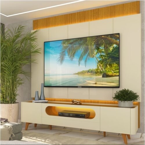 Painel até 85″ Magnífico Naturale/Off White + Rack Nobre 210 (Pés de madeira) Off White/Naturale – GELIUS