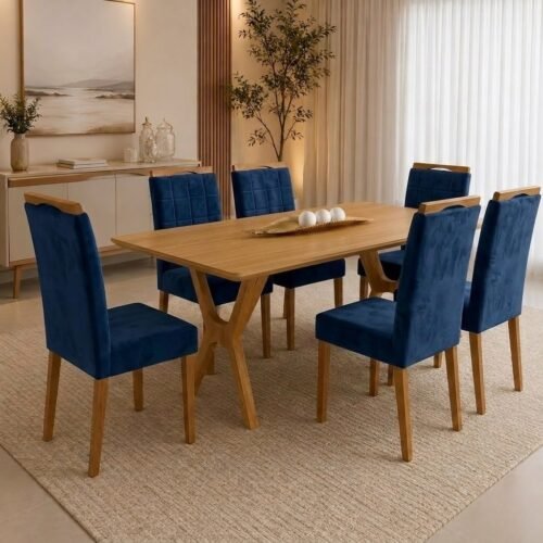 Mesa Essência 180 (S/Vidro) Cinamomo com 6 Cadeiras Las Vegas Veludo Azul 24 – JCM MOVELARIA + OURO DECOR