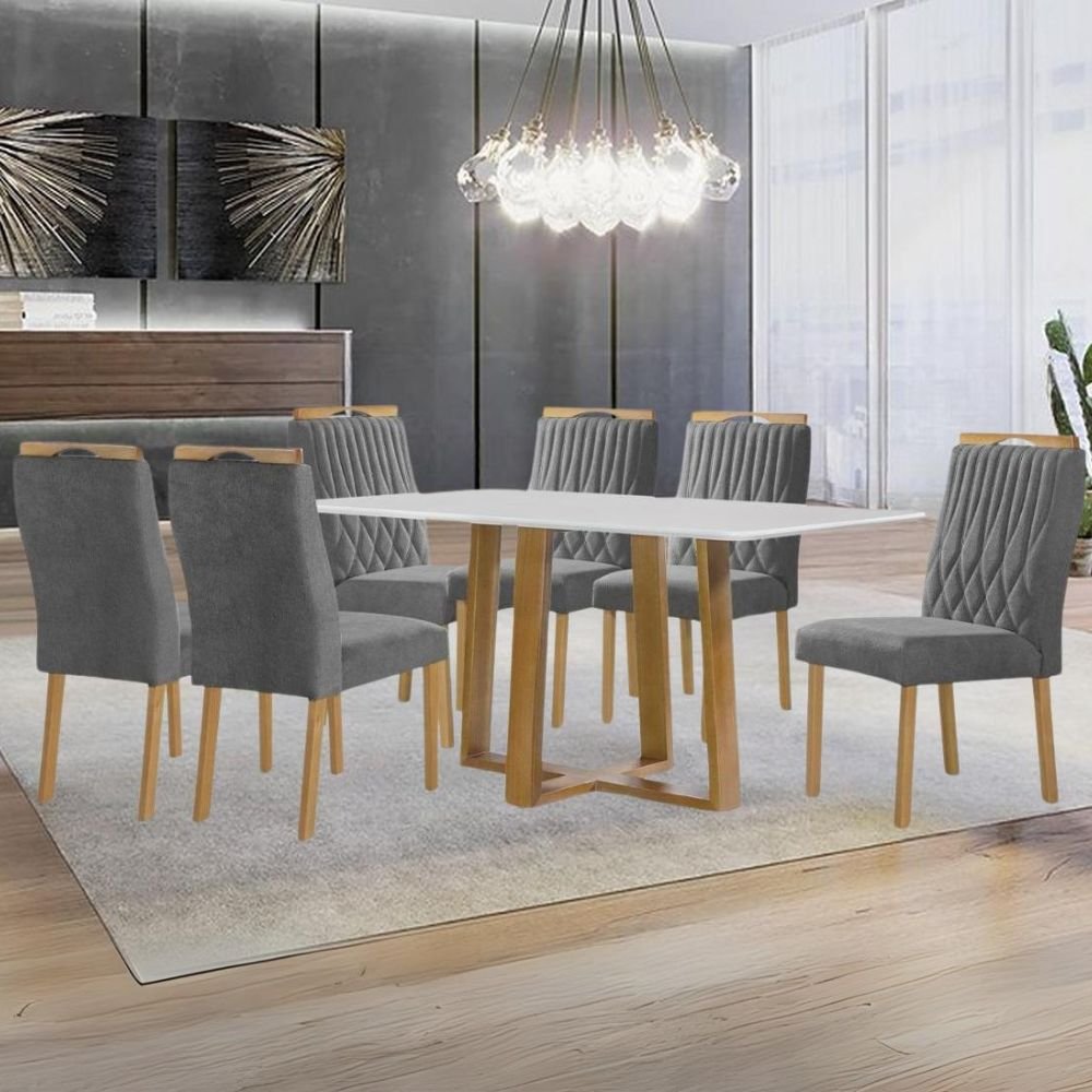 Mesa Pedro 160 Mel/Off White com 6 Cadeiras Gênova Veludo Grafite – ART ASSENTOS - Imagem 2
