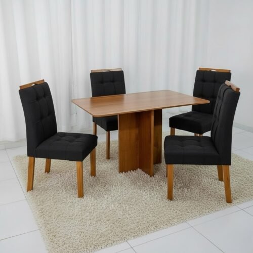 Mesa Salinas 120 (Tampo Londres s/ vidro) Cinamomo com 4 Cadeiras Sophia Veludo Preto – CEL MÓVEIS + WM DECOR