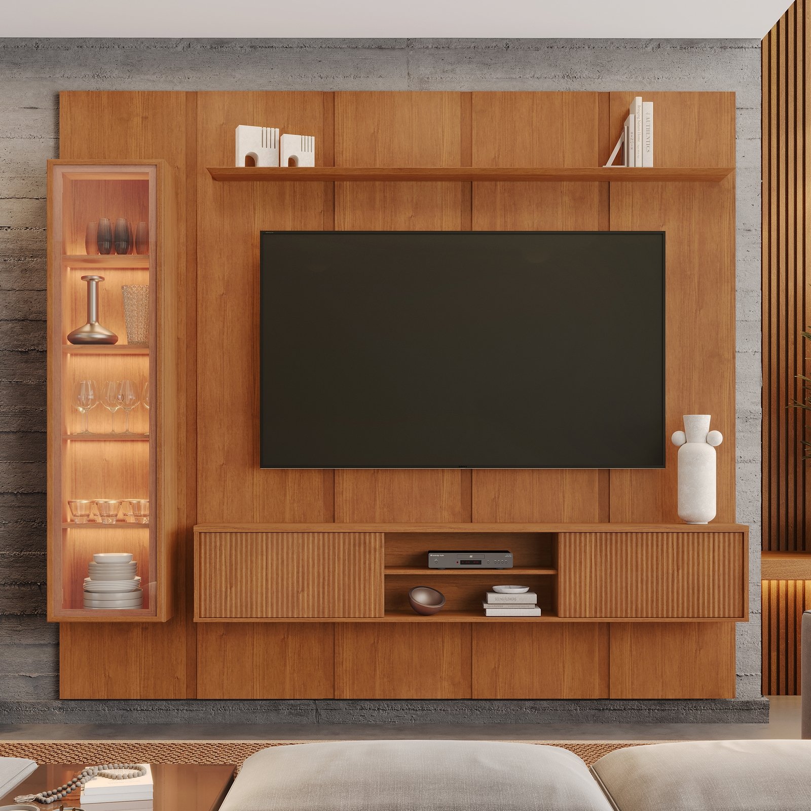 Painel até 75″ Dominus 2,32 m Naturale + Rack Suspenso Dominus Naturale + Cristaleira Dominus Naturale – MAVAULAR - Imagem 2
